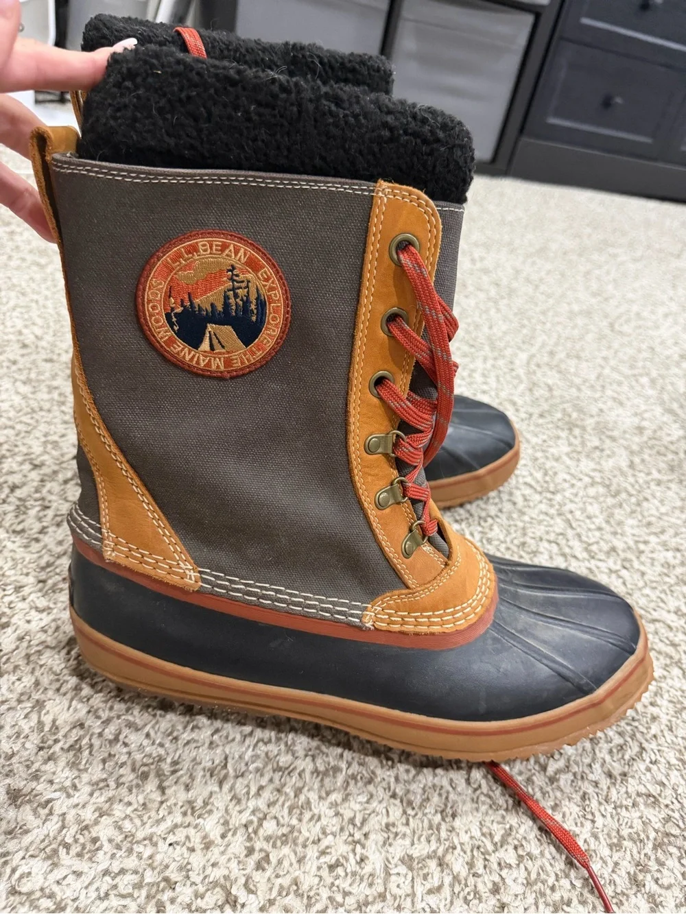 L.L. Bean Kids Waterproof Duck Boots in Gray, Tan & Black with Red Laces